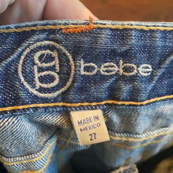 Y2K Bebe Factory Distressed Blue Embellished Bling Denim Cropped Jeans - Picture 10 of 10